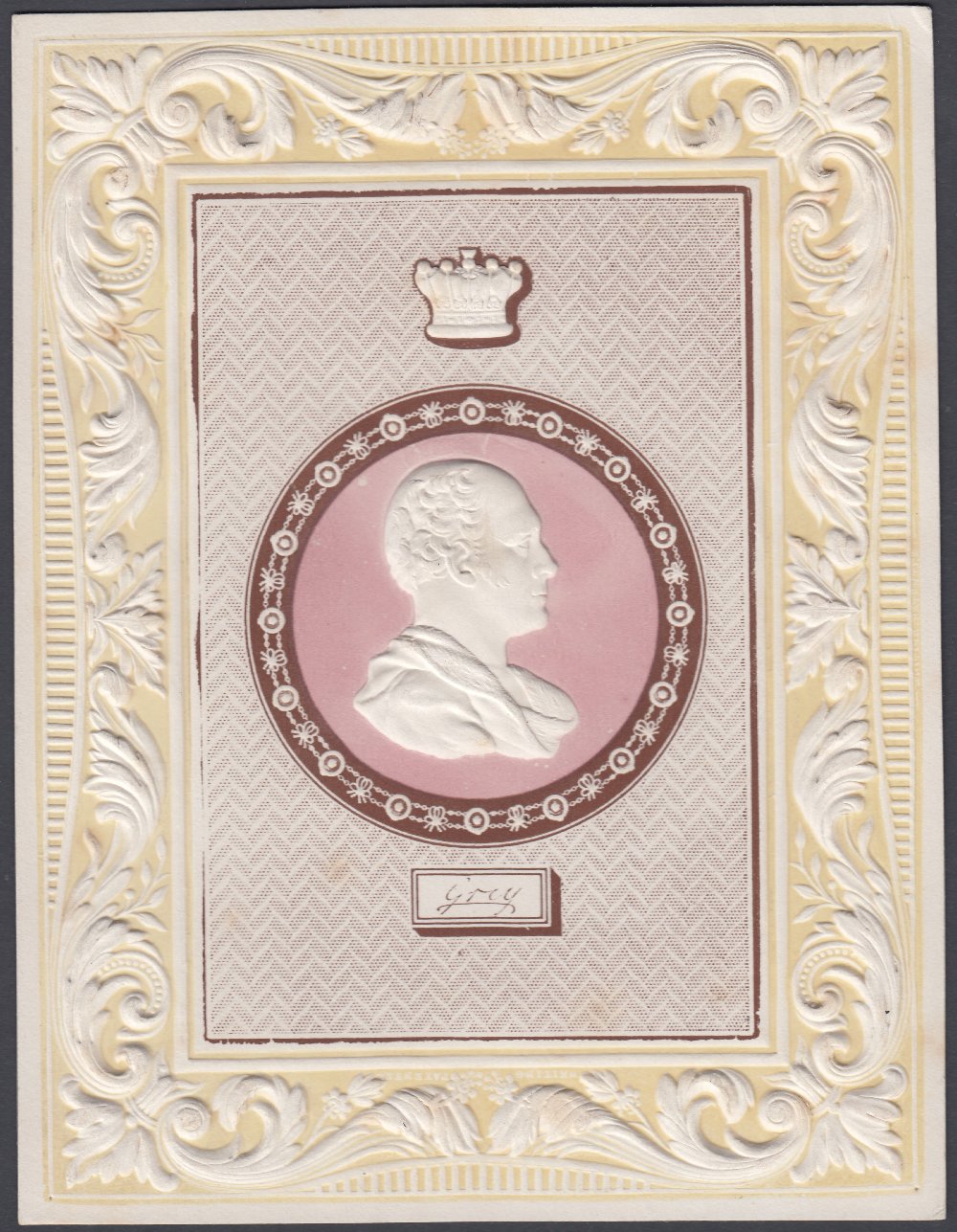 STAMPS : 1830's Front page from Royal Cameo Scrap Book of Embossed Heads, portrait of Lord Grey,