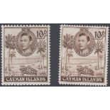 STAMPS CAYMAN : 1938-43 GVI 10/- chocolate, both perf variations, lightly M/M (SG 126 & 126a).