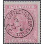 GREAT BRITAIN STAMPS : 1867 5/- Rose Plate 1, superb used example cancelled by Little Tower CDS.