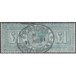 GREAT BRITAIN STAMPS : 1891 £1 Green fine used with central Registered "GRACE CHURCH ST" oval