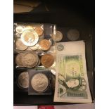 COINS : Small box with commemorative Crowns, couple of £5 coins, couple of £1 bank notes,
