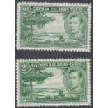 STAMPS CAYMAN : 1938-43 GVI 2/- yellow-green and 2/- deep green shades, lightly M/M (SG 124 & 124a).