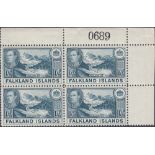 STAMPS FALKLANDS : 1938 GVI 1/- dull greenish blue in U/M corner marginal block of four, SG 158a.