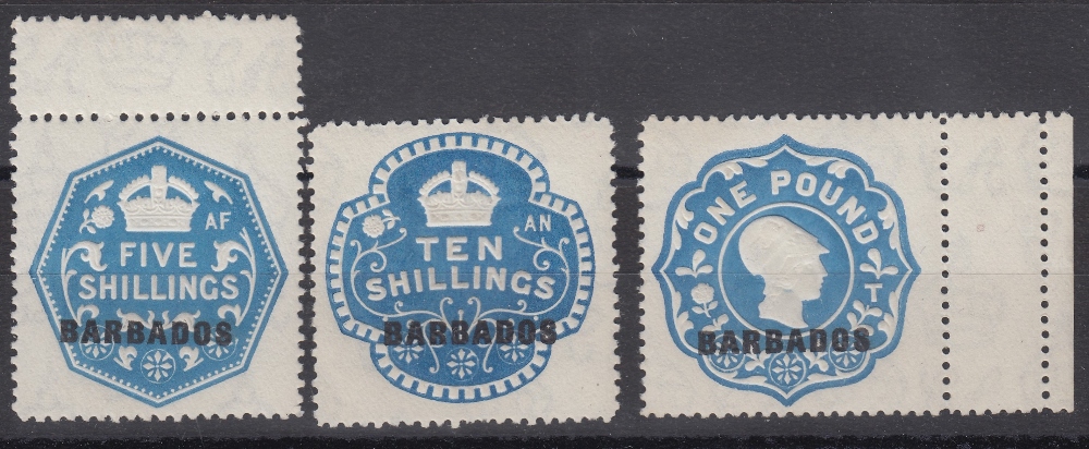 STAMPS BARBADOS : FISCALS, 1923 Revenue stamps, 5/-, 10/- & £1, all U/M.