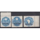 STAMPS BARBADOS : FISCALS, 1923 Revenue stamps, 5/-, 10/- & £1, all U/M.
