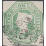 GREAT BRITAIN STAMPS : 1847 1/- Pale Green Embossed, very fine four margin example,