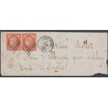 STAMPS FRANCE : 1850 40c orange, fine used four margin pair on cover, front only, SG 14. Cat £1200+.