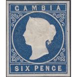 STAMPS GAMBIA : 1874 6d blue M/M, wmk Crown CC, 4 margin imperf, SG 8.