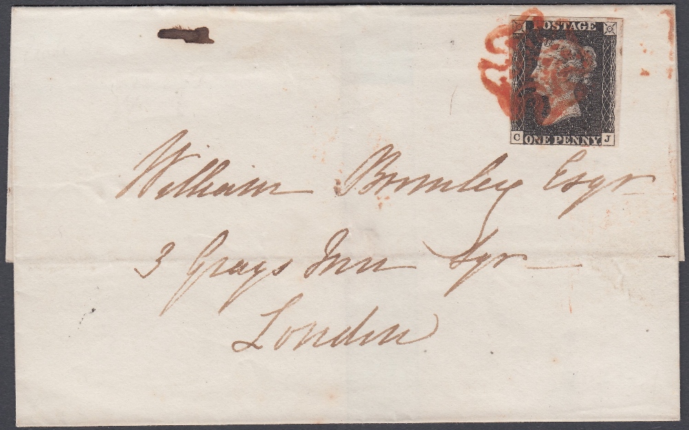 STAMPS : PENNY BLACK COVER : Plate 5 (CJ) four margin example of wrapper HASTINGS to LONDON,