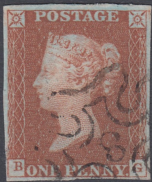 GREAT BRITAIN STAMPS : 1841 1d Red Brown, fine four margin example cancelled by No 8 in MX,