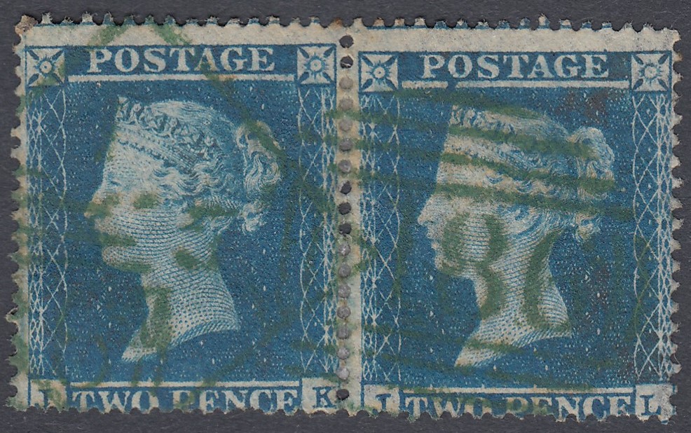 GREAT BRITAIN STAMPS : 1854 2d Blue Plate 4 (re-joined pair), cancelled by Green Dublin postmark,