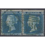 GREAT BRITAIN STAMPS : 1854 2d Blue Plate 4 (re-joined pair), cancelled by Green Dublin postmark,