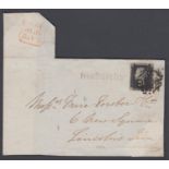 STAMPS : PENNY BLACK COVER : Plate 1b large part wrapper with four margin Black tied by