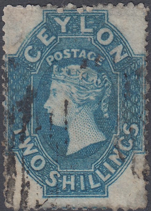 STAMPS CEYLON : 1861 QV 2/- dull blue used, clean-cut & intermediate perf, SG 27.