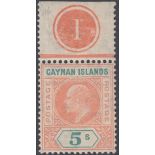 STAMPS CAYMAN : 1907 EDVII 5/- salmon & green, plate number top marginal, very lightly M/M, SG 16.