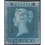 GREAT BRITAIN STAMPS : 1841 2d Blue plate 3 lettered (QD), very fine used cancelled by BLUE numeral.