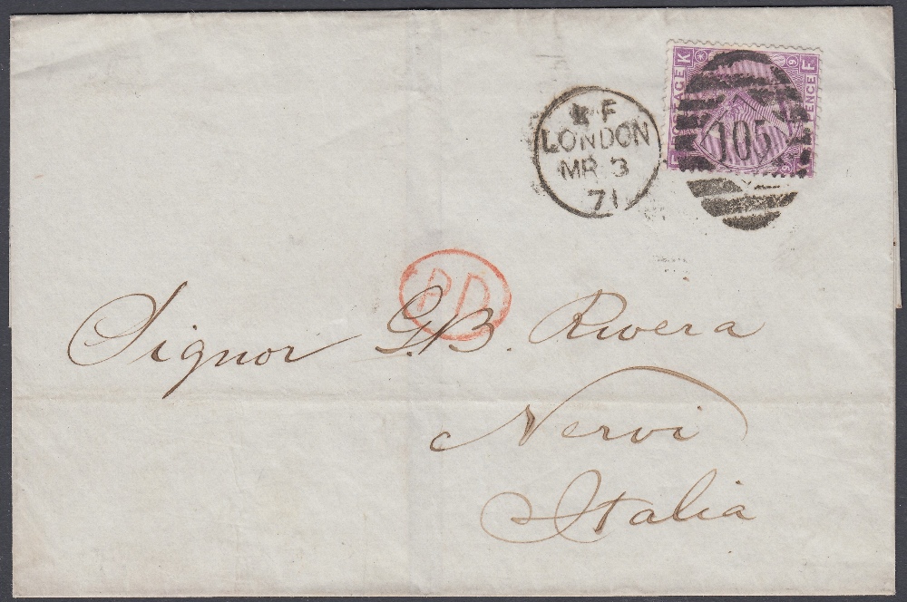 STAMPS : POSTAL HISTORY : 1870 6d Mauve Plate 9 used on wrapper from London to Italy,