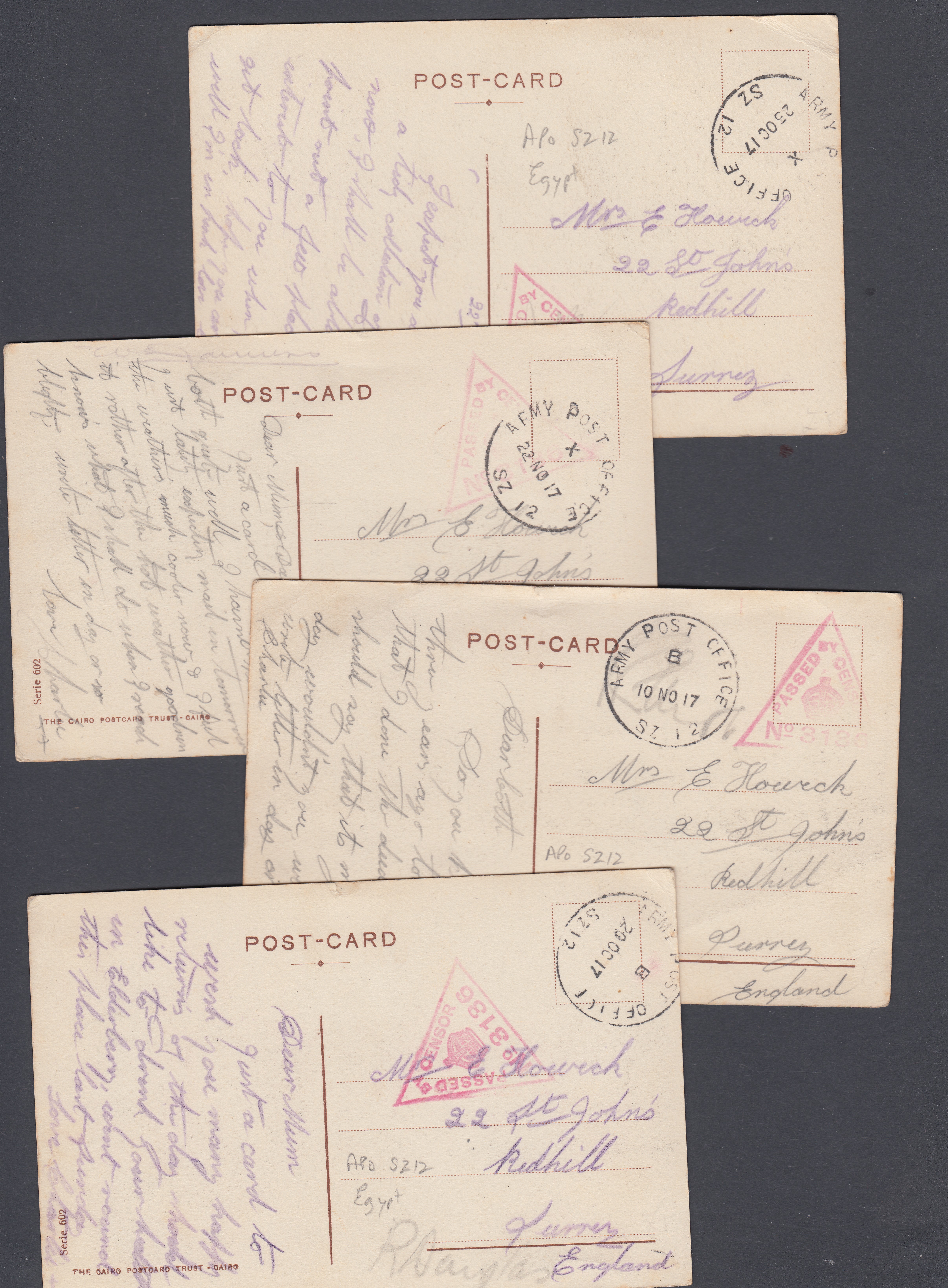 POSTAL HISTORY : EGYPT, four WWI postcards sent from Egypt to Redhill, Surrey.