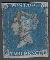 GREAT BRITAIN STAMPS : 1840 2d blue, four margin example with black Maltese Cross (OF).