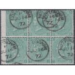 GREAT BRITAIN STAMPS : 1871 1/- Green plate 5, very fine used block of six,