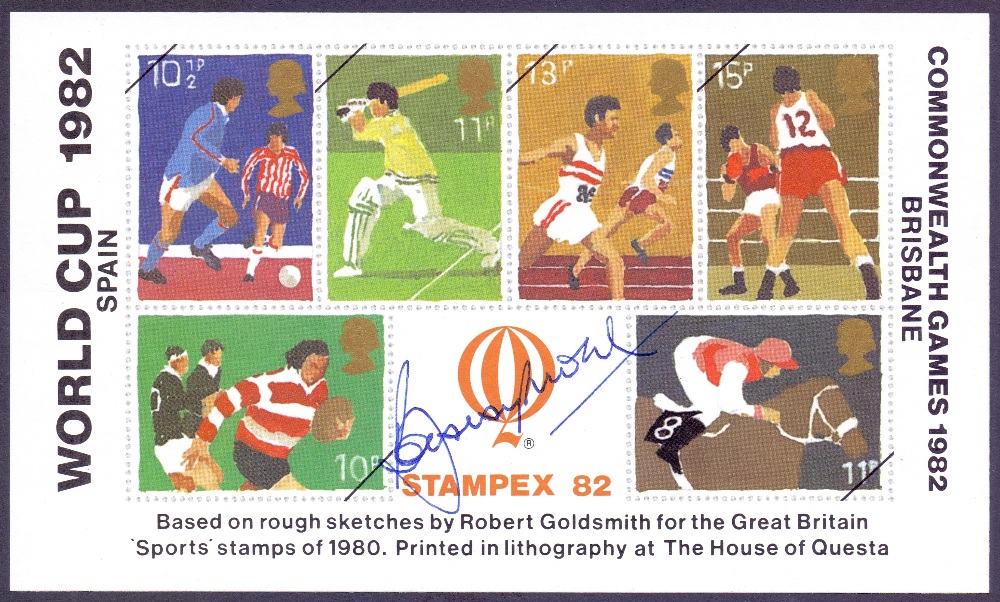 AUTOGRAPHS : BOBBY MOORE signature of 1982 Stampex World Cup mini-sheet of stamps , unusual,