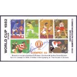 AUTOGRAPHS : BOBBY MOORE signature of 1982 Stampex World Cup mini-sheet of stamps , unusual,