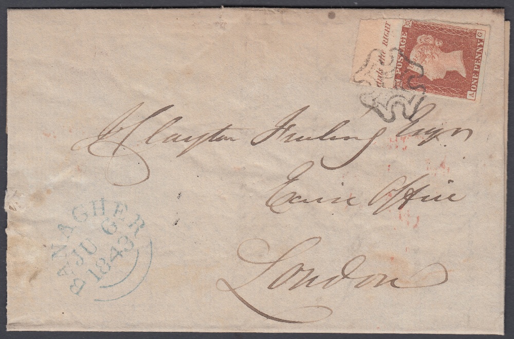 STAMPS POSTAL HISTORY : 1843 Imperf Penny Red plate 20 with TOP MARGIN INSCR,