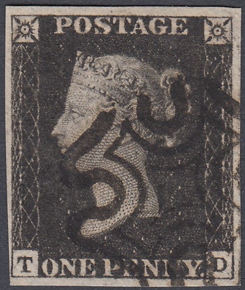 GREAT BRITAIN STAMPS : PENNY BLACK Plate 8 lettered TD, very fine used four margins,