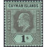 STAMPS CAYMAN : 1908 EDVII 1/- black/green, Wmk Crown CA, very lightly M/M, SG 33.