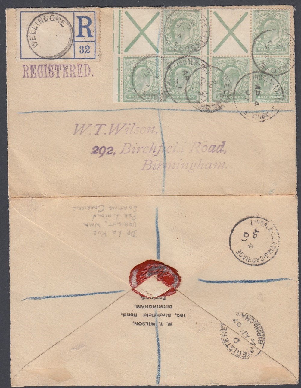 STAMPS : POSTAL HISTORY : 1907 registered envelope from Wellingore to Birmingham,