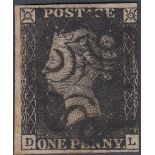 GREAT BRITAIN STAMPS : PENNY BLACK Plate 8 (DL), used with black MX, three margins,