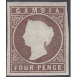 STAMPS GAMBIA : 1869 4d Brown, lightly mounted mint , four large margins,