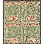 STAMPS FIJI : 1912 GV 5/- green & red/yellow, Wmk Multi Crown CA, fine used block of four, SG 136.