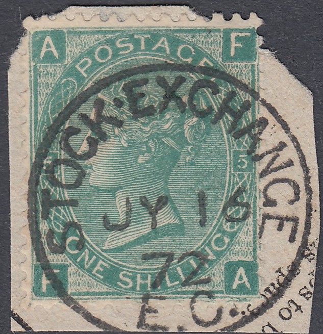 GREAT BRITAIN STAMPS : 1872 1/- Green Plate 5, SOCK EXCHANGE FORGERY, fine used on small piece,