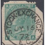 GREAT BRITAIN STAMPS : 1872 1/- Green Plate 5, SOCK EXCHANGE FORGERY, fine used on small piece,