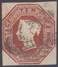 GREAT BRITAIN STAMPS : 1847 10d Embossed, fine three margin example with a light numeral postmark,