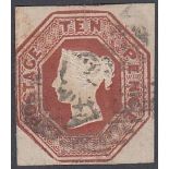 GREAT BRITAIN STAMPS : 1847 10d Embossed, fine three margin example with a light numeral postmark,