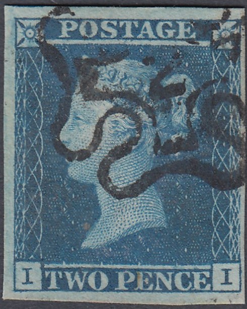 GREAT BRITAIN STAMPS : 1841 2d Blue lettered (II) fine four margin example cancelled by scarce No 2