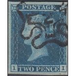 GREAT BRITAIN STAMPS : 1841 2d Blue lettered (II) fine four margin example cancelled by scarce No 2