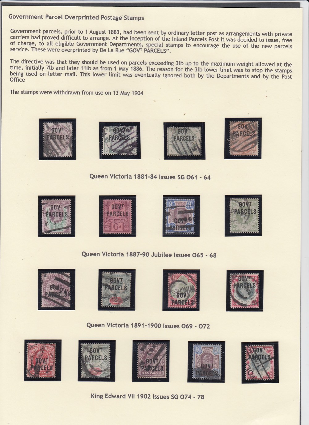 STAMPS : GREAT BRITAIN : OFFICIALS used selection of EDVII and QV on album page GOVT PARCELS Cat