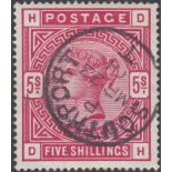 GREAT BRITAIN STAMPS : 1884 5/- Crimson Deep Shade (lettered DH), very fine used example,