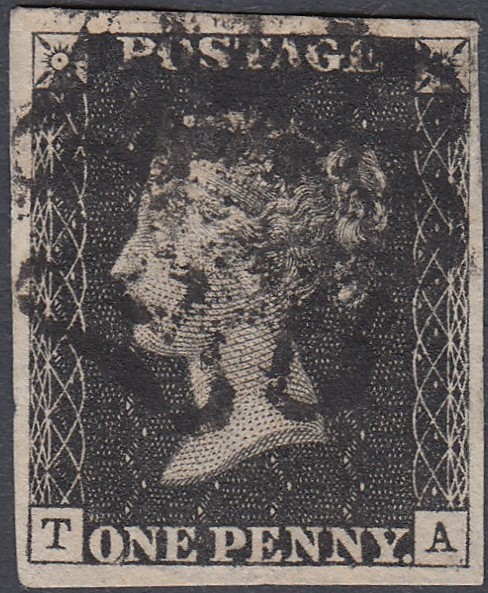 GREAT BRITAIN STAMPS : PENNY BLACK Plate 9 lettered TA,