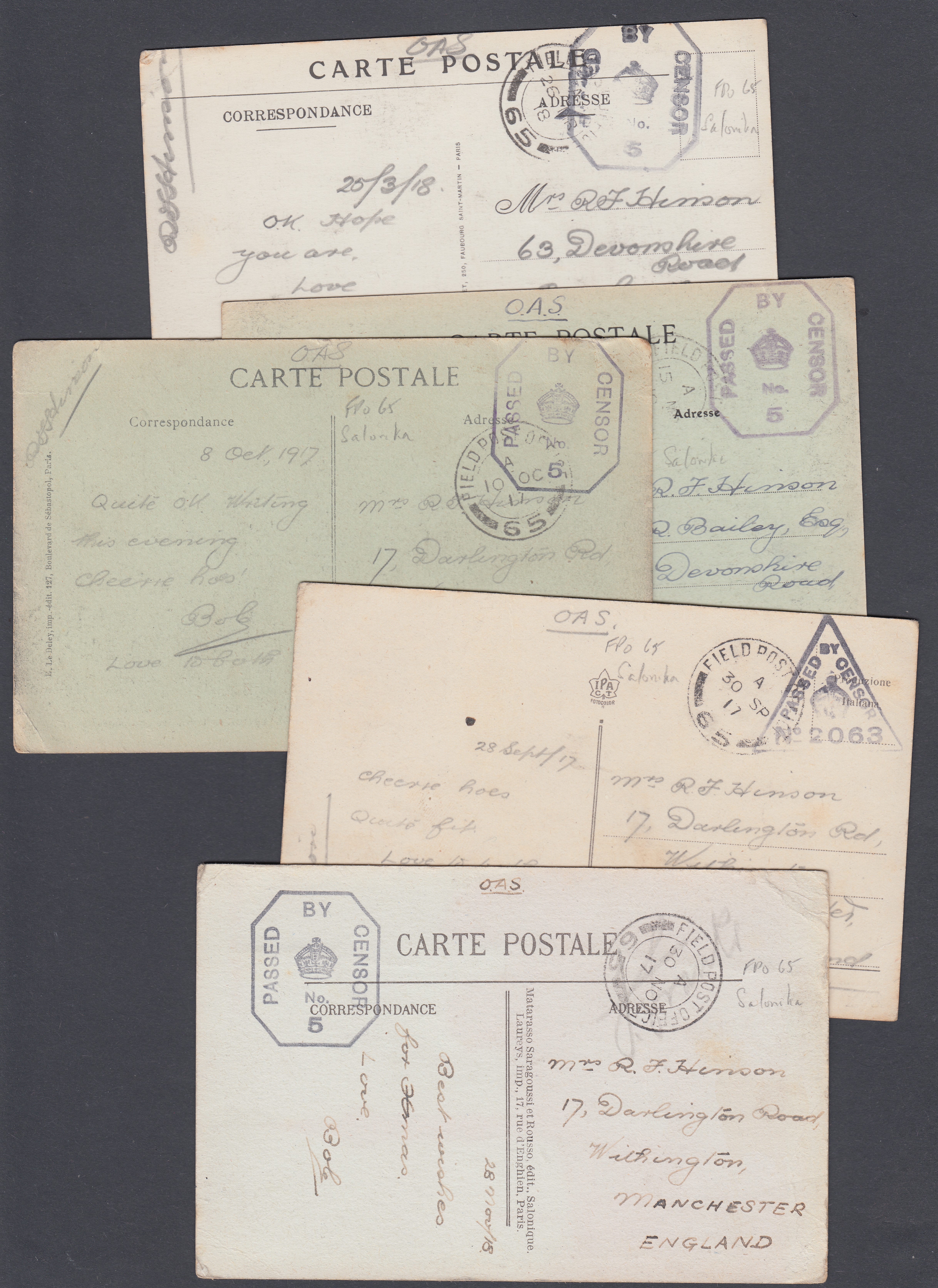 POSTAL HISTORY : GREECE, five WWI Field Post Office postcards,