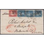 STAMPS : POSTAL HISTORY : 1862 Registered franked envelope with three 2d blues and 1d,