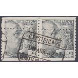 STAMPS SPAIN : 1939 40c greenish slate (type II) used horiz pair with mis-perforation,