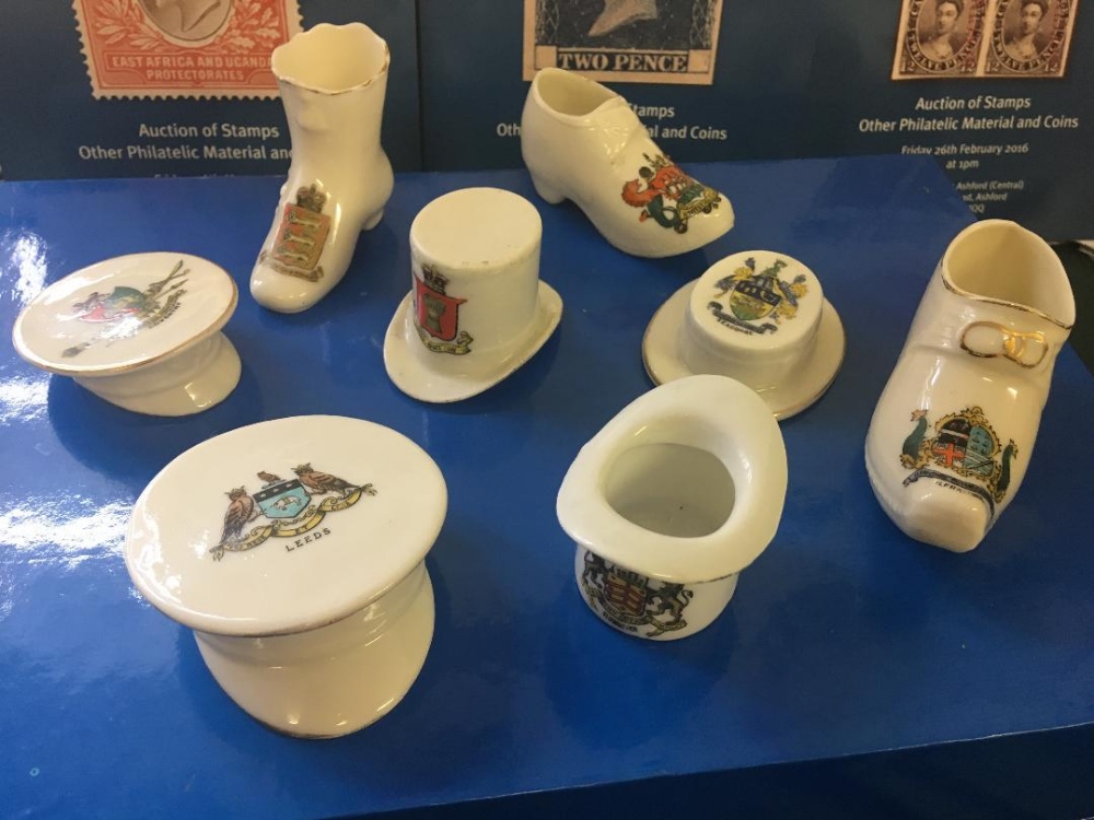 CRESTED CHINA, Hats and Shoes ! 8 different examples from various locations,