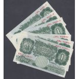 BANK NOTES : £1 Green early L K O'Brien Britannia notes, uncirculated group of 6 notes,