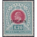 STAMPS : NATAL 1902 £20 Red and Green mounted mint over printed SPECIMEN.