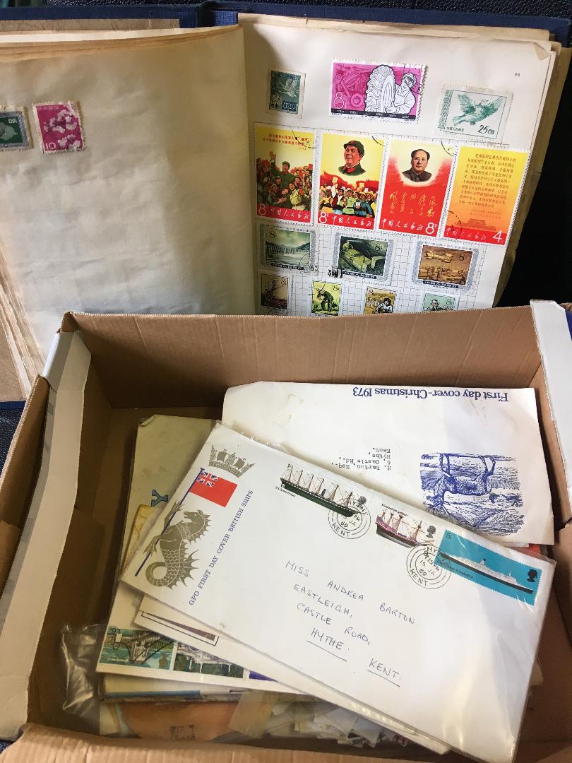 STAMPS : Shoebox of small albums and FDC's, some Red CHINA stamps noted.