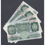 BANK NOTES : £1 Green early L K O'Brien Britannia notes, uncirculated run of 4 notes,